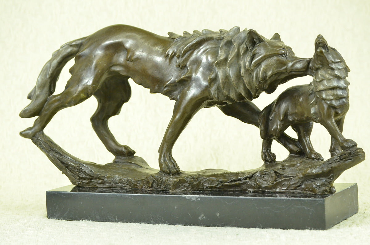 Handcrafted bronze sculpture SALE Marble Cub Her Protecting Wolf Deco Art