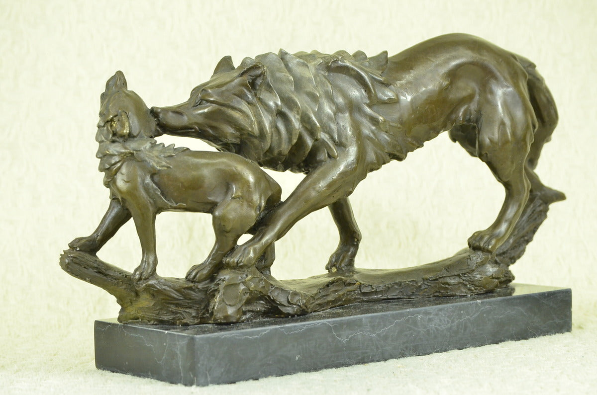 Handcrafted bronze sculpture SALE Marble Cub Her Protecting Wolf Deco Art
