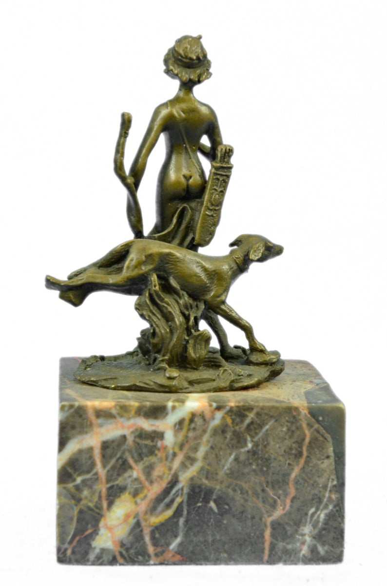 Signed Original bronze sculpture, Diana The Huntress dog statue Marble Figure