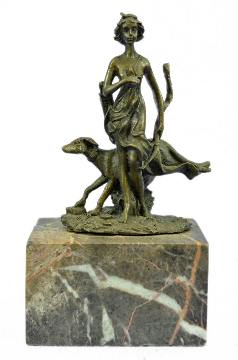 Signed Original bronze sculpture, Diana The Huntress dog statue Marble Figure