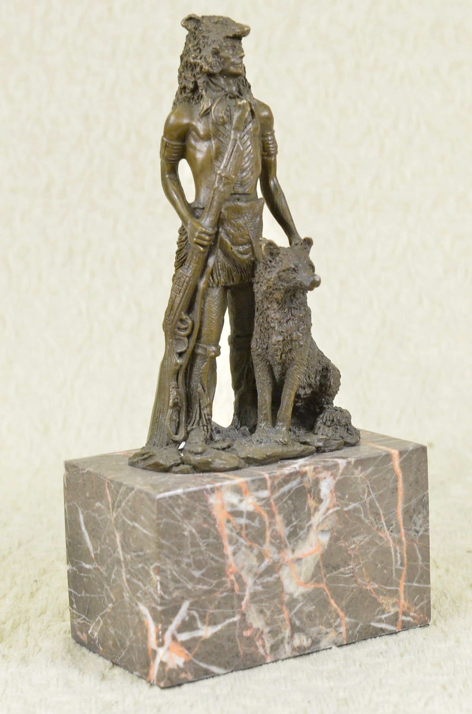 Bookend Bronze Sculpture Indian Chief With his Best Friend Wolf Book End Art