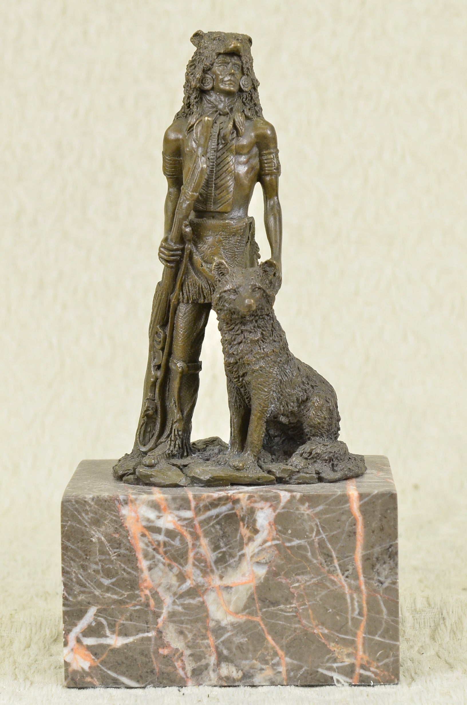 Bookend Bronze Sculpture Indian Chief With his Best Friend Wolf Book End Art