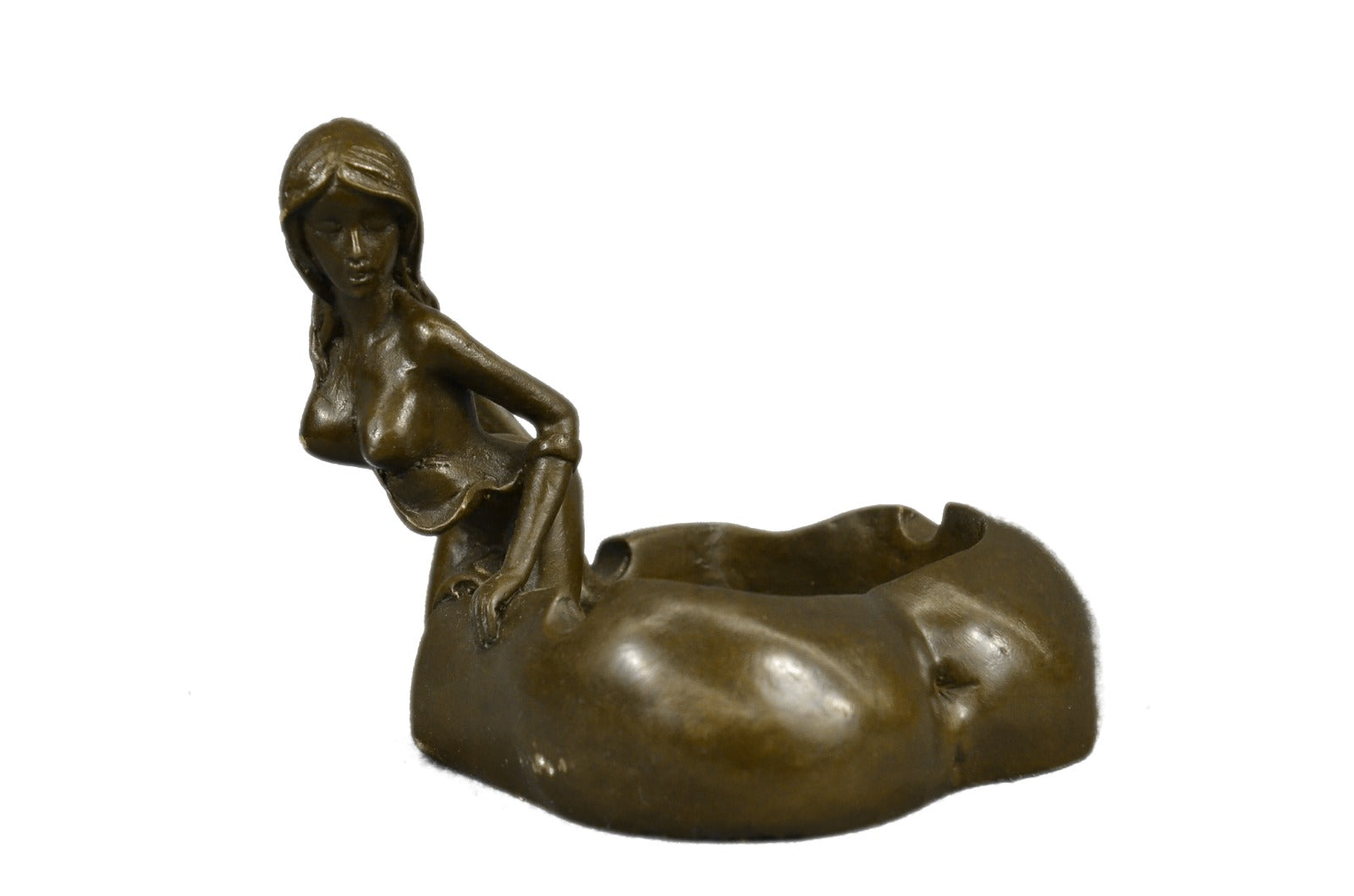 Nude Erotic Art Sexy Naked Nymph 100% Real Bronze Ashtray Sculpture Figurine