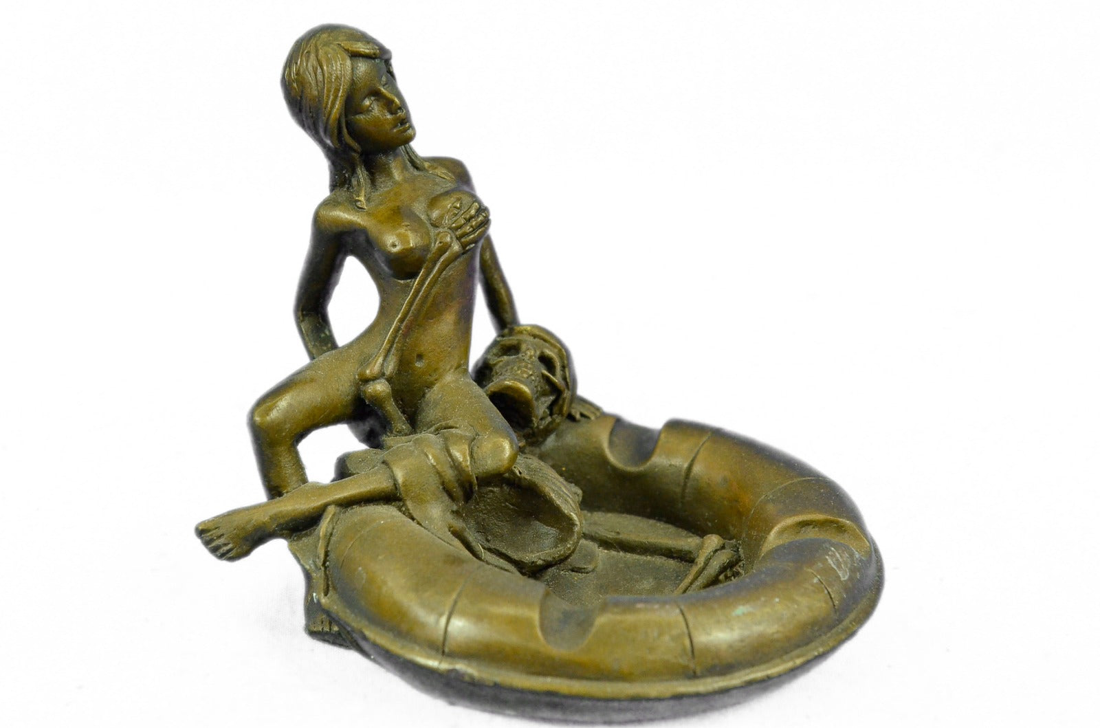 Handcrafted bronze sculpture SALE Hot Ashtray Girl Nude A At Lurking Skeleton