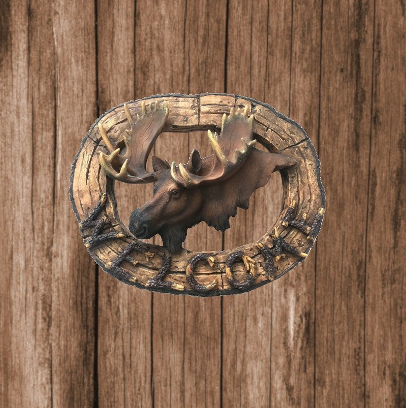 WELCOME MOOSE WALL ART WESTERN HOME DECOR RUSTIC BRONZE EFFECT MASTERPIECE SCULPTURE 