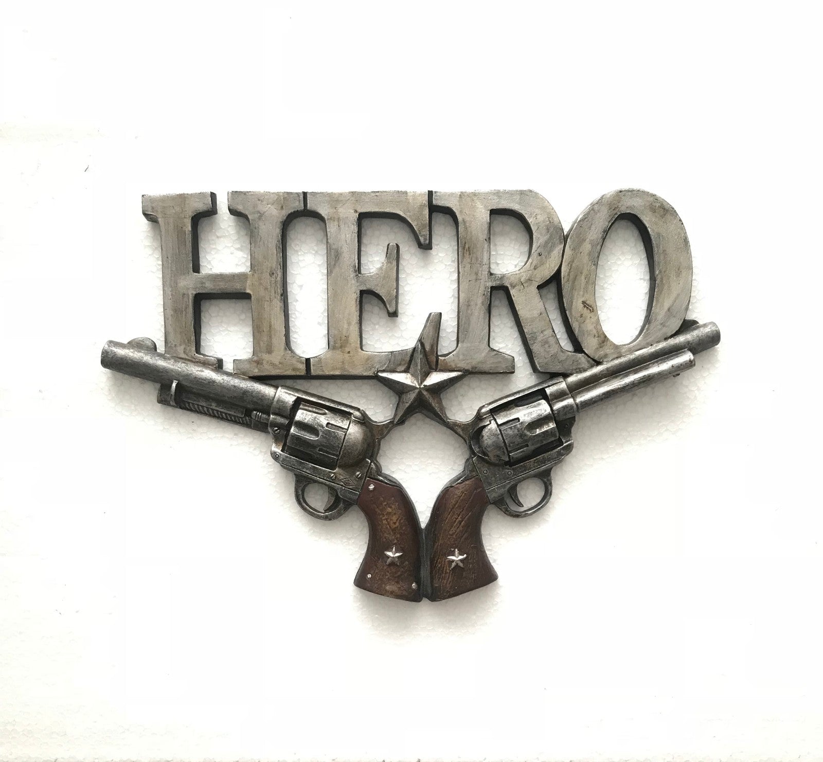 Stone Cold Cast Super Hero Sign With Gun Dual Pistol Bronze Sculpture Gift