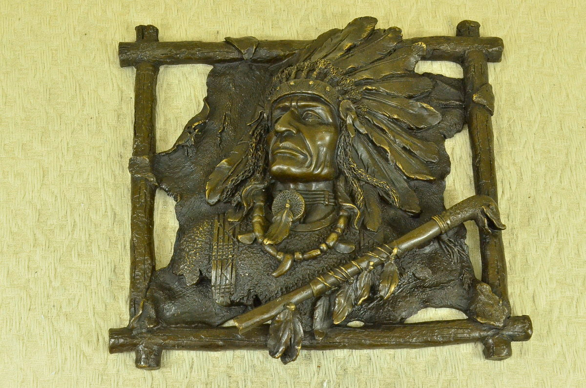 Vintage Indian Chief Original Heavy Bronze Metal Wall Hanging Sign Plaque